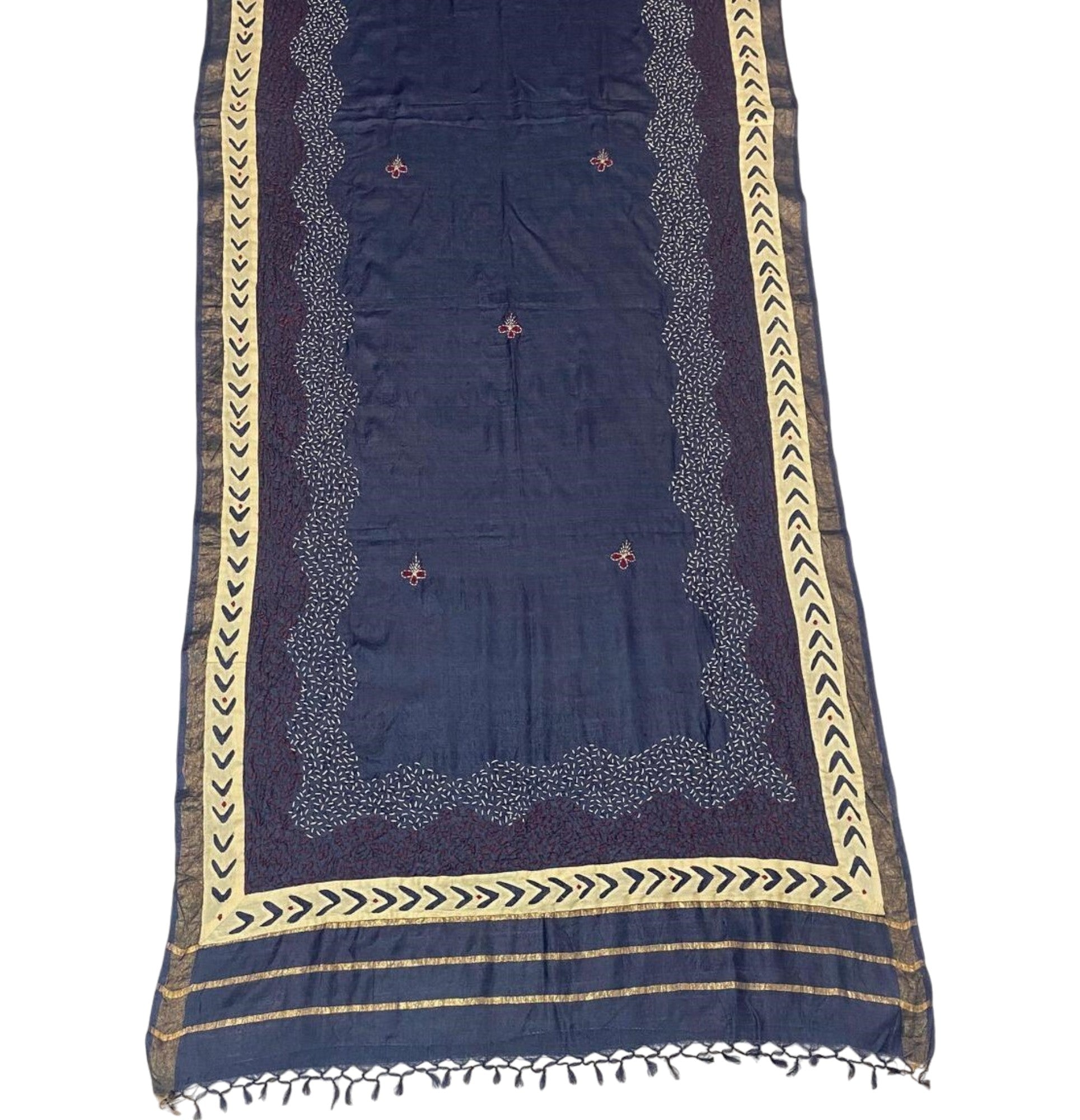 Hand-Embroidered Tussar Munga Silk Suit Set in Dark Blue – Sujni Elegance with Applique Detailing